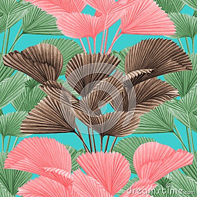 Watercolor painting coconut,palm leaf,green,pink,brown leaves seamless pattern background.Watercolor vintage summer illustration t Cartoon Illustration