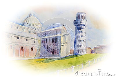 Watercolor painting colorful Leaning tower of Pisa, Italy Stock Photo