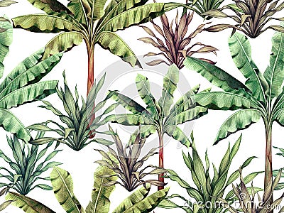 Watercolor painting colorful tree,banana,palm leaves seamless pattern background.Watercolor hand drawn illustration tropical exoti Cartoon Illustration