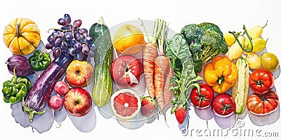 Watercolor Painting of a Colorful Variety of Fruits and Vegetables Stock Photo