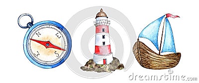 Watercolor painting compass, lighthouse, sailboat. Naval support, sailor property. Vector Illustration