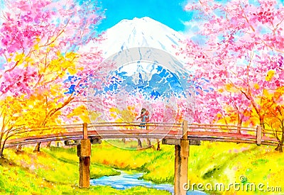 Watercolor Painting - Couple with cherry blossoms at Fuji Mountain, Japan Stock Photo