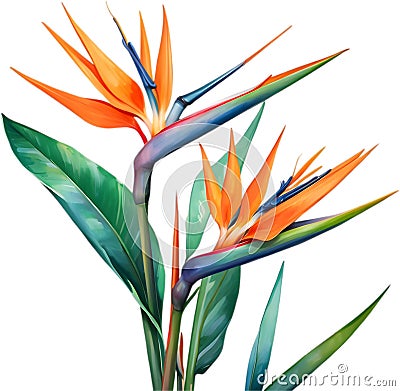 Watercolor painting of Crane Flower (Strelitzia reginae). AI-Generated. Stock Photo