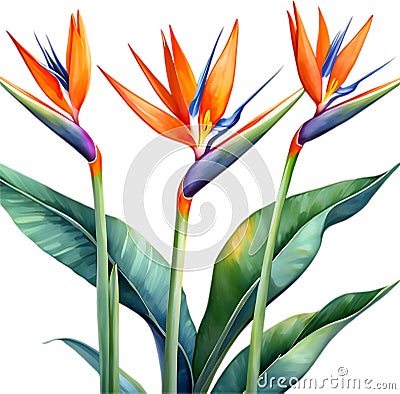 Watercolor painting of Crane Flower (Strelitzia reginae). AI-Generated. Stock Photo