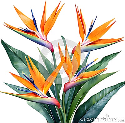 Watercolor painting of Crane Flower (Strelitzia reginae). AI-Generated. Stock Photo