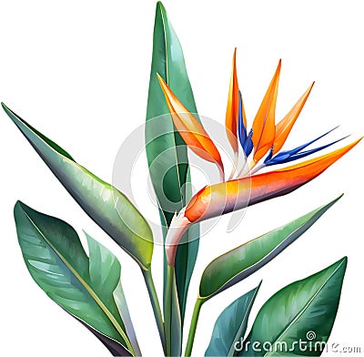 Watercolor painting of Crane Flower (Strelitzia reginae). AI-Generated. Stock Photo