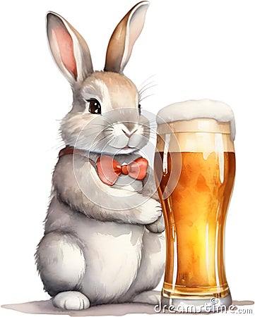 Painting of a cute rabbit and a large glass of beer. AI-Generated. Stock Photo