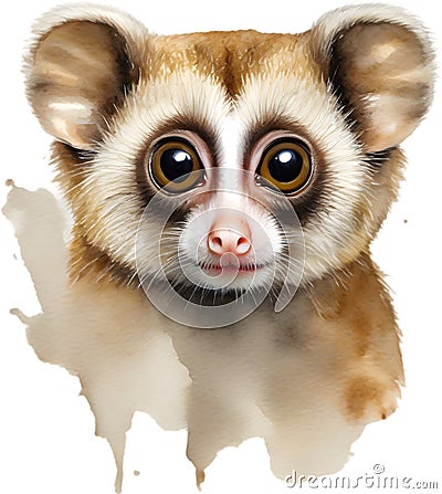 Watercolor painting of a cute Slow Loris (Nycticebus). AI-Generated. Stock Photo