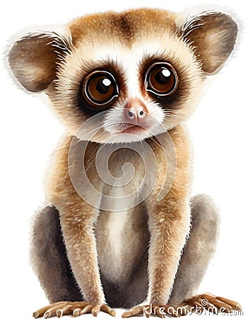 Watercolor painting of a cute Slow Loris (Nycticebus). AI-Generated. Stock Photo