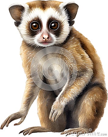 Watercolor painting of a cute Slow Loris (Nycticebus). AI-Generated. Stock Photo