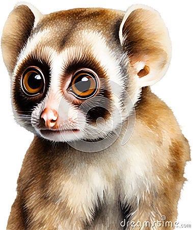 Watercolor painting of a cute Slow Loris (Nycticebus). AI-Generated. Stock Photo