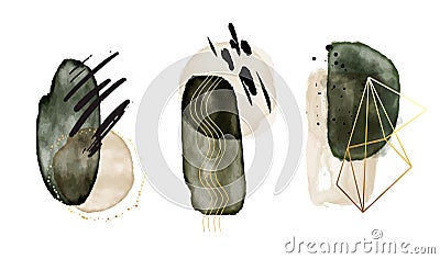 Watercolor painting, Deep green pastel rustic boho gold and beige shapes. Emerald with metallic frames, border arrangement, Vector Illustration