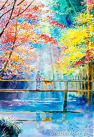 Watercolor Painting - Deer with Geisha in autumn Kyoto, Japan Stock Photo