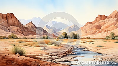 Watercolor Painting Of A Desert River In The Valley Of United Arab Emirates Stock Photo