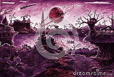 Watercolor painting, drawing art with beautiful fantasy sea landscape, castle, planets, stars, houses, lights, hand drawn sketch Stock Photo