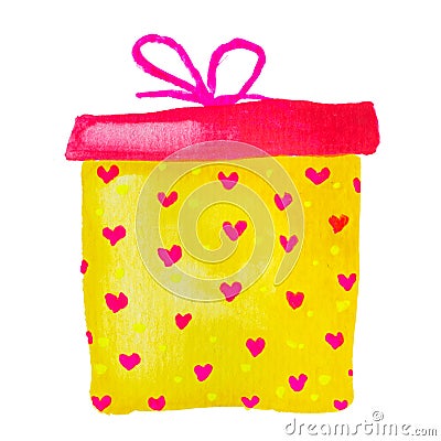 Watercolor painting drawing of yellow and pink birthday Valentine present gift box, isolated Stock Photo