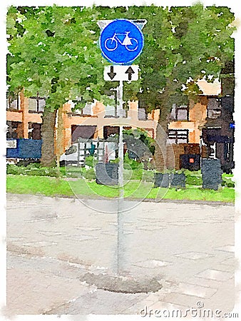 Watercolor painting of a Dutch road sign showing route for pedal Stock Photo