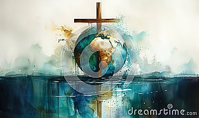 Watercolor painting of Earth cradled by a Christian cross, representing global faith, spirituality, world religions, and the Stock Photo