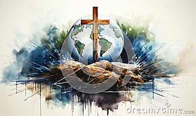 Watercolor painting of Earth cradled by a Christian cross, representing global faith, spirituality, world religions, and the Stock Photo