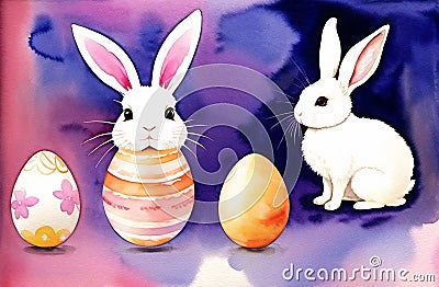 Watercolor painting Easter bunny, Eggs, Nature Landscapes. Happy easter day. Cute bunny AI Generated Stock Photo