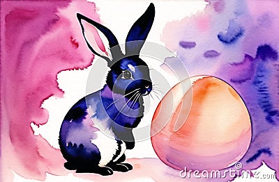 Watercolor painting Easter bunny, Eggs, Nature Landscapes. Happy easter day. Cute bunny AI Generated Stock Photo