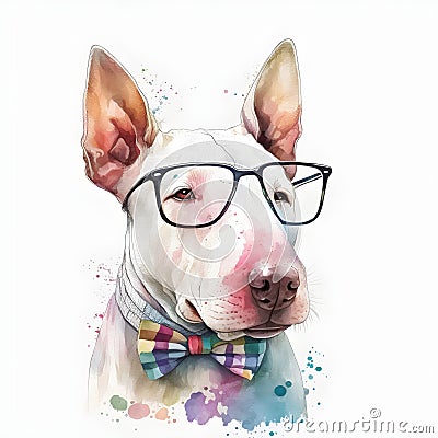 Spunky and Fun: A Bull Terrier Puppy in Watercolor with Headband, Bandana and Glasses AI Generated Stock Photo