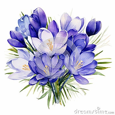 Efficient Watercolor Crocus Arrangement Clipart With Royal Blue Hues Stock Photo