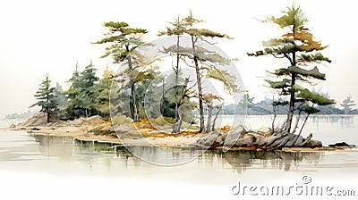 Watercolour Painting Of Pine Trees By The Water Stock Photo