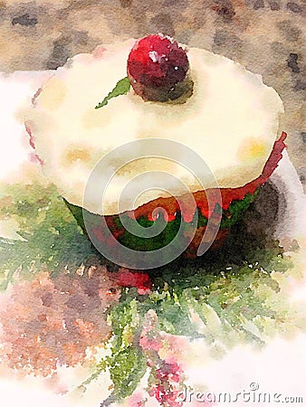 Watercolor painting of festive Christmas cupcake with frosting and cranberry on top Stock Photo