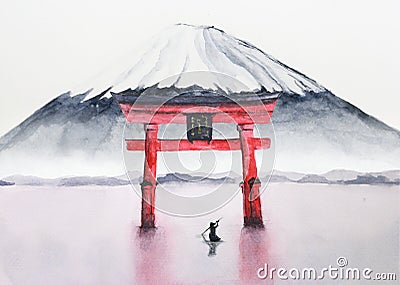 Watercolor fisherman boat japanese fuji mountain and torii gate. Stock Photo