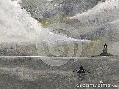 Watercolor painting fisherman sailing boat in the night sea landscape. Stock Photo