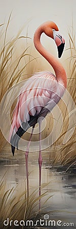 Watercolor painting of a flamingo in the grass of the African savannah created by AI. Stock Photo