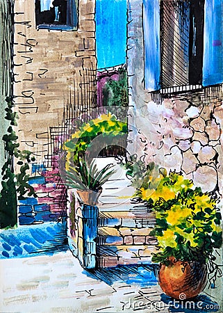 Watercolor painting - flowers along the street Stock Photo