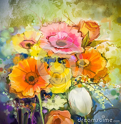 Watercolor painting flowers. Hand paint still life bouquet of yellow ,orange, white gerbera, rose, tulip flowers Stock Photo