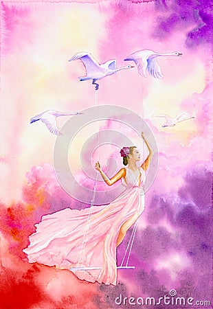 Watercolor Painting - Flying dancer in dream Stock Photo