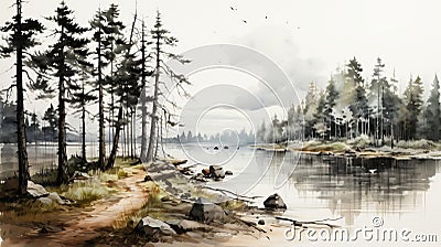 Watercolor Painting Of Forest And Lake: Detailed, Primitivist Realism Artwork Stock Photo