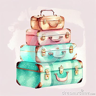 Watercolor Painting of Four Retro Vintage Suitcases Stock Photo