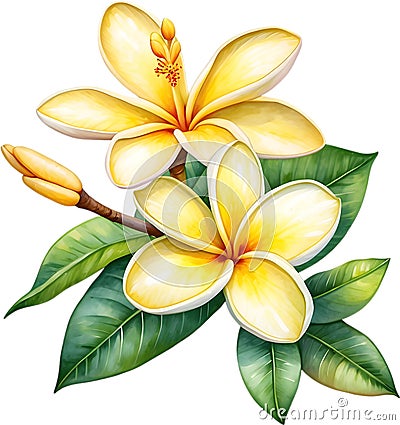 Watercolor painting of a Frangipani (Plumeria rubra) flower. AI-Generated. Stock Photo