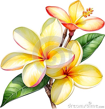 Watercolor painting of a Frangipani (Plumeria rubra) flower. AI-Generated. Stock Photo