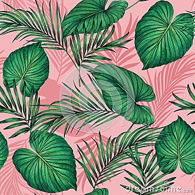 Watercolor painting green,coconut leaves seamless pattern with shadow on pink background.Watercolor llustration palm,pink leaf,tre Stock Photo