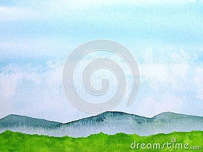Watercolor painting green mountain with blue sly. Stock Photo