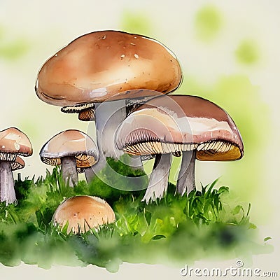 A watercolor painting of a group of mushrooms perched over a lush green meadow Cartoon Illustration
