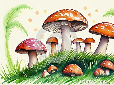 AA watercolor painting of a group of mushrooms perched over a lush green meadow, fantasy art, illustration Cartoon Illustration