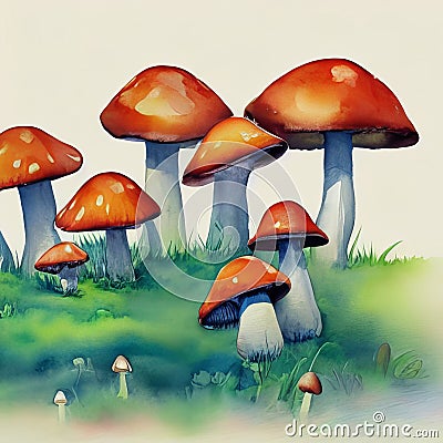 A watercolor painting of a group of mushrooms perched over a lush green meadow, fantasy art, illustration. Cartoon Illustration