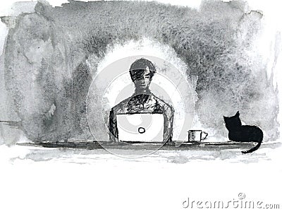 Watercolor painting. work fome home with cat at night. Stock Photo
