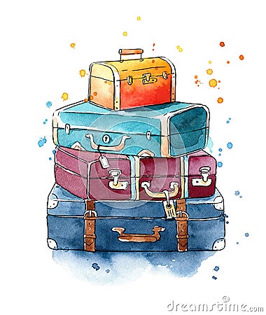 Watercolor painting of a heap of vintage luggage bags Stock Photo