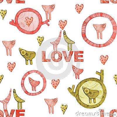 Watercolor painting with hearts, birds and wooden circles. Seamless hand drawing pattern for valentines cards, posters, prints. Stock Photo