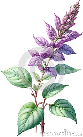 Watercolor painting of holy basil flower. Ai-Generated Stock Photo