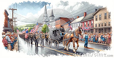 A watercolor painting of a horse drawn carriage as it takes part in a independence day parade. Concept 4th of July Cartoon Illustration