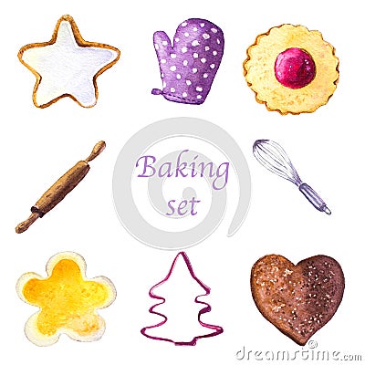 Watercolor set of cookies and baking tools Stock Photo